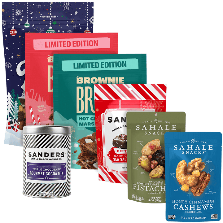 Collection of snack packages and a canister called Winter Seasonal  Sampler