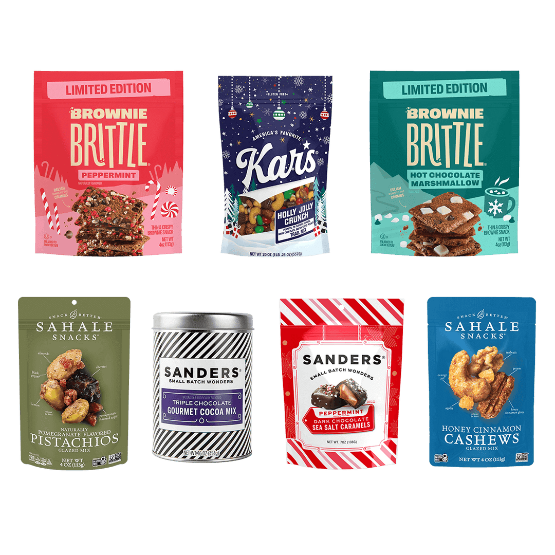 Collection of various snack packages including Brownie Brittle, Kar's, Sanders, and Sahale Snacks called Collection of snack packages and a canister called Winter Seasonal  Sampler