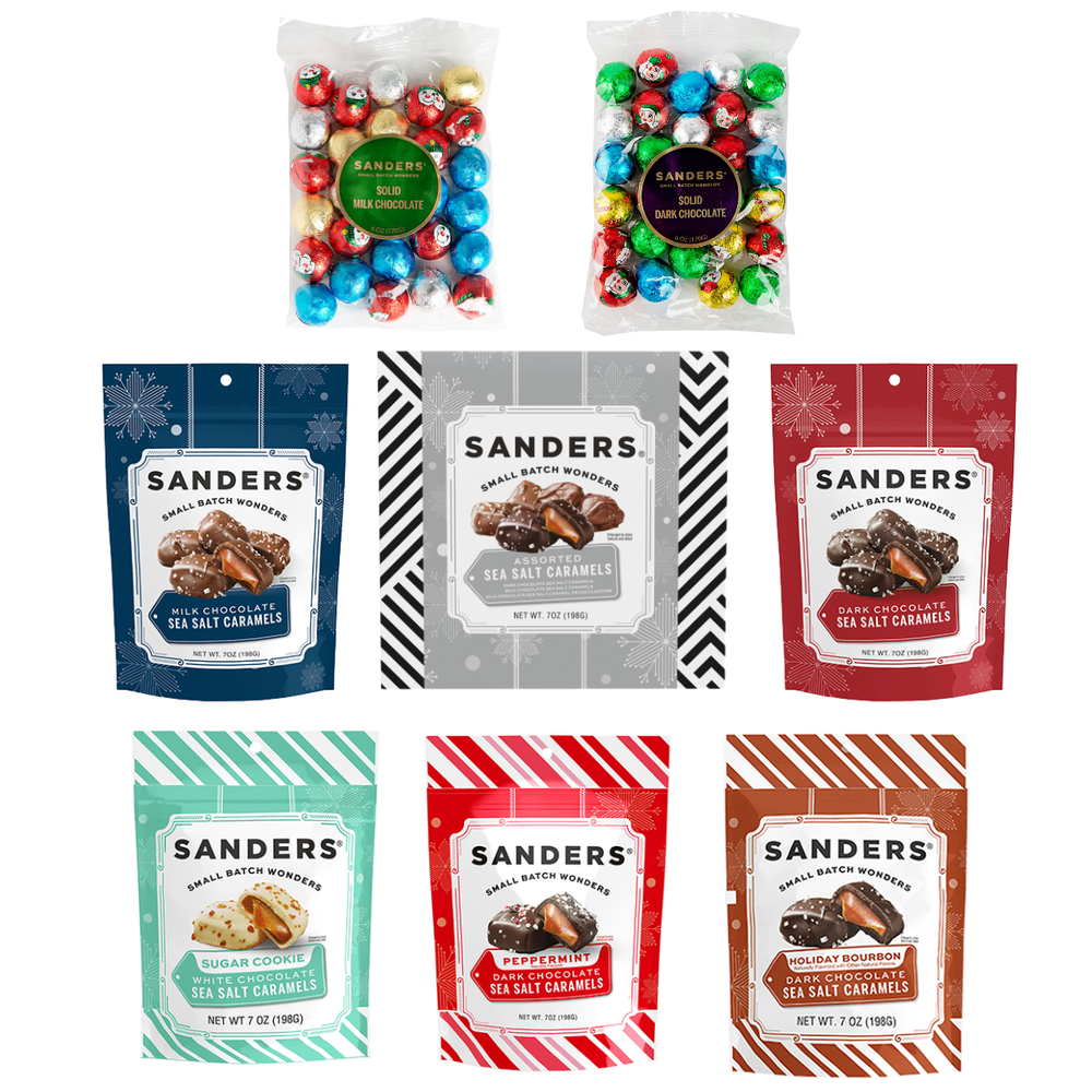 Collection of Sanders candy packages with various flavors on a white background