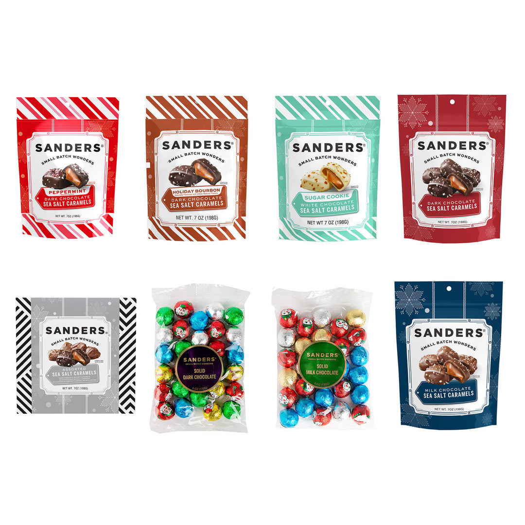 Collection of Sanders chocolate candy packages on a white background