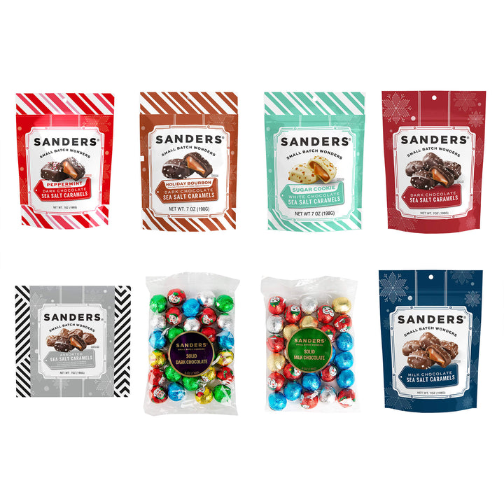 Collection of Sanders chocolate candy packages on a white background