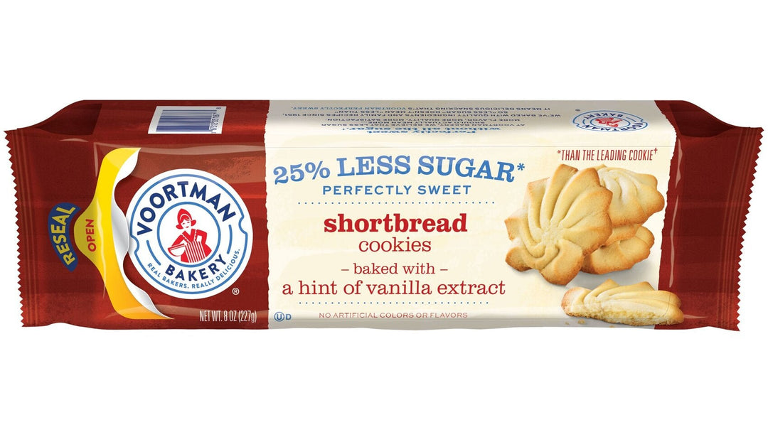 Voortman Bakery shortbread cookies package with a red and white design on a white background