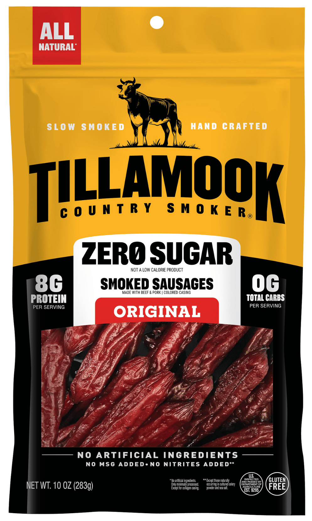 Tillamook Zero Sugar Smoked Sausages packaging with yellow and black design.