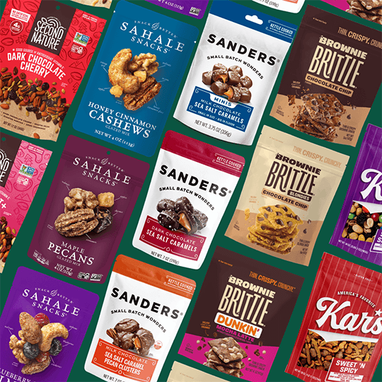 Colorful snack packaging displayed in a diagonal grid, featuring chocolates, nuts, and brittle. Vibrant tones convey a tempting and diverse selection.