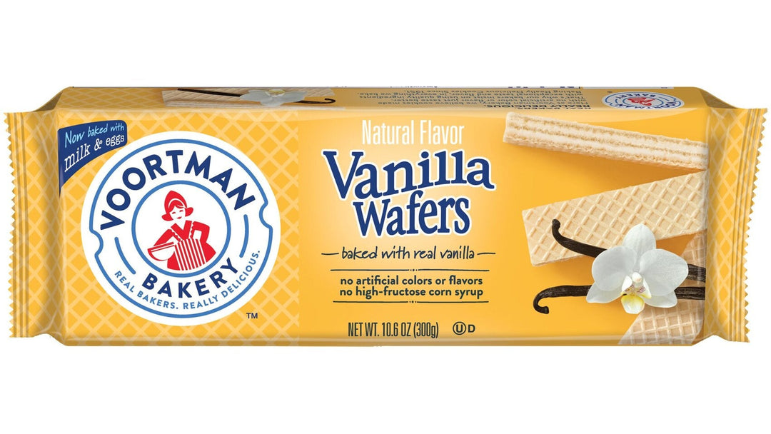 Voortman Bakery vanilla wafers package with a yellow design on a white background