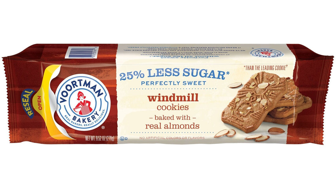 Voortman Bakery windmill cookies package with a red and white design on a white background